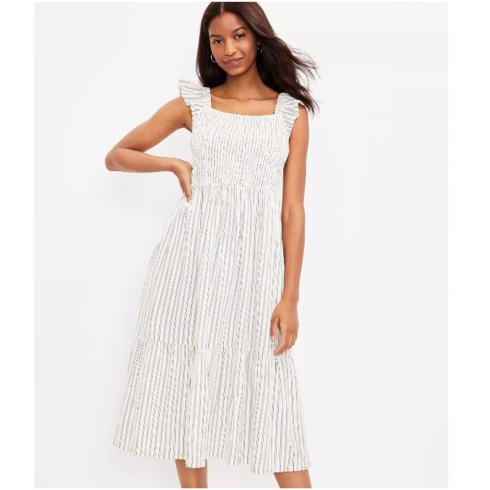 Ann Taylor LOFT Clip Dot
Striped Smocked Ruffle A-Line
Midi Dress White Small P